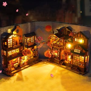 NUAHRHY 3D Wooden Puzzle Bookend DIY Book Nook Kit with LED Light Shelf Insert Alley Miniature Dollhouse Model Building Set Craft for Birthday Gifts Home Desk Decoration