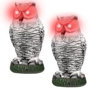 NUAHRHY 2 pack Fake Bird Owl Decoy with Flashing Eyes Frightening Sound Motion Detector Scarecrow to Scare Birds Away for Garden Yard Outdoor Plastic