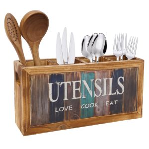 Tzdxfgl Wooden Utensil Holder for Kitchen Counter, 4 Compartment Cooking Spatula Organizer, Cooking Caddy with 3 Removable Dividers for Oil Bottle Spatula Cutter and Fork