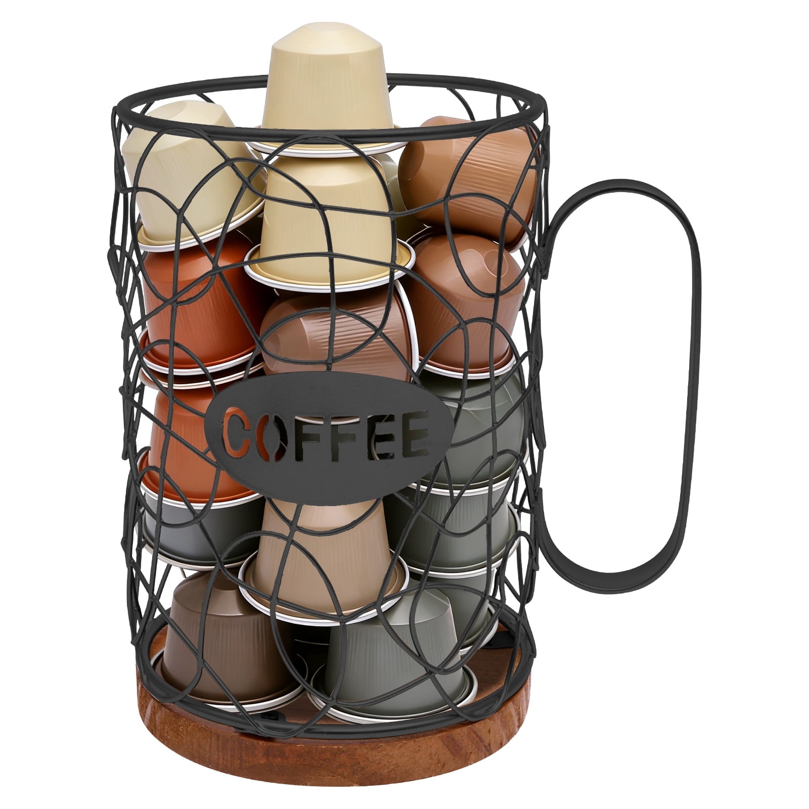 Txkrhwa Coffee Pod Holder with Wooden Base, Metal Wire Basket K Cup Organizer with Handle for Counter, Black Iron K Cup Holder for Kitchen or Coffee Bar