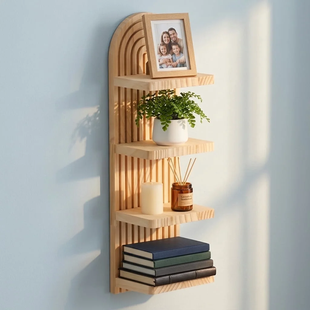 Boho Wall Shelf, 4 Tier Wooden Floating Shelves, Arched Display Wall Shelves, Vintage Wall Mounted Rainbow Shelf for Home, Living Room, Bedroom, Office Decor, 18.9 x 5.7 x 4.3 inch