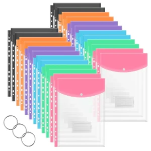 FUYGRCJ 24 Pack Plastic Envelopes Binder Pocket, 11 Holes Expandable Binder Folders for 2/3/4 Ring Document Pouch with Snap Button & Label, Letter Size, Leaf Transparent Binder Organizer, Top-Opening