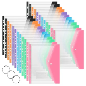 FUYGRCJ 24 Pack Plastic Envelopes Binder Pocket, 11 Hole Expandable Binder Folder for 2/3/4 Ring Document Pouch with Snap Button & Label, Letter Size, Leaf Transparent Binder Organizer, Side Opening