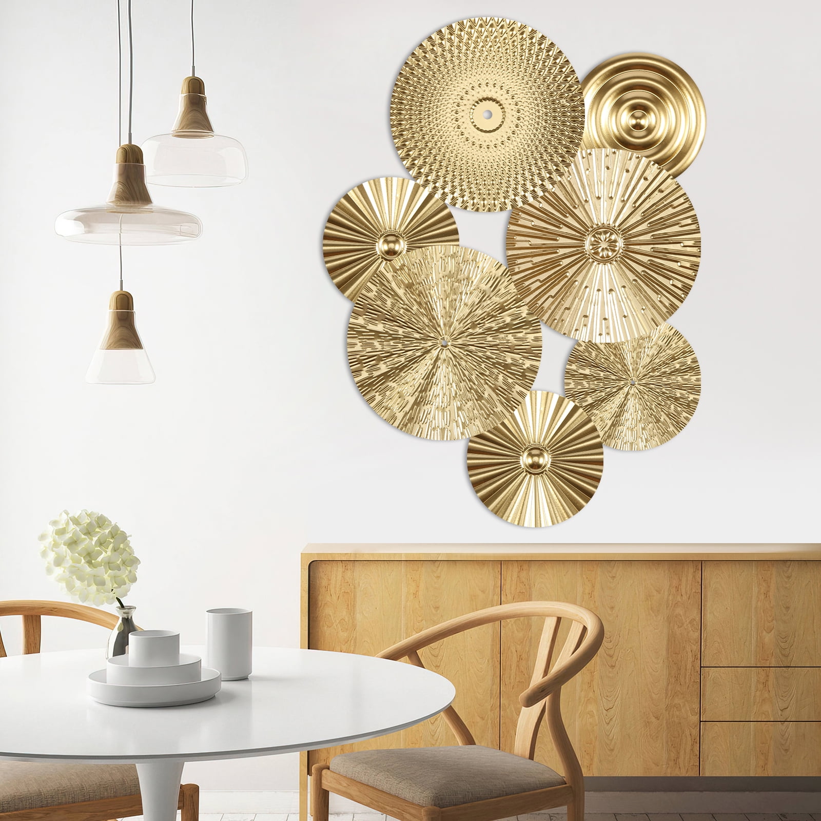 Dznils 7Pcs Gold Metal Plate Wall Decor Morden Round Hanging Metal Wall Art Indoor Wall Sculptures