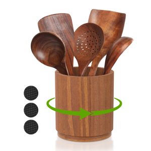 Tzdxfgl 360?? Rotating Wooden Kitchen Utensil Holder, 6.5'' Large Countertop Silverware Organizer, Brown