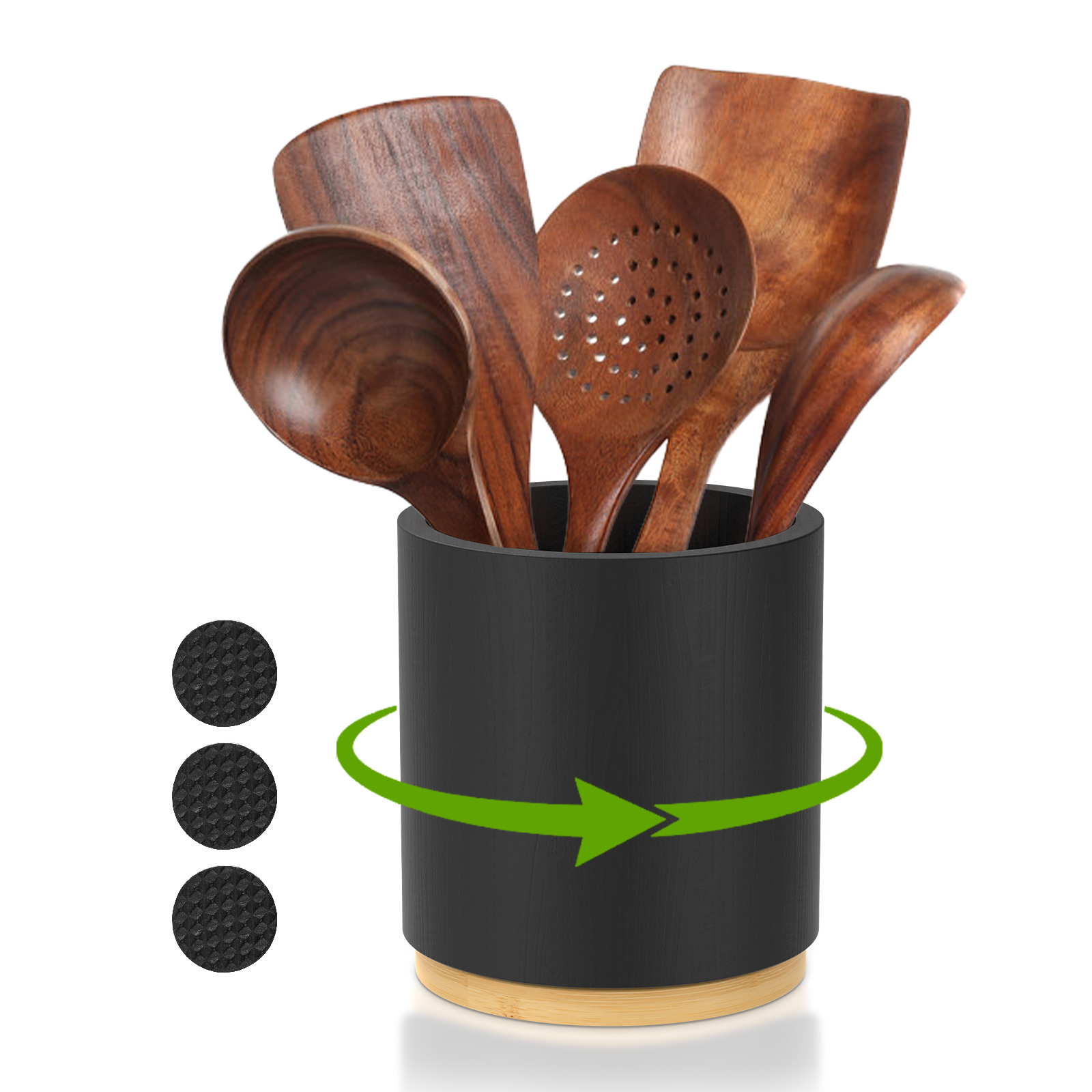 Tzdxfgl 360?? Rotating Bamboo Kitchen Utensil Holder, 6.5'' Large Countertop Silverware Organizer, Black