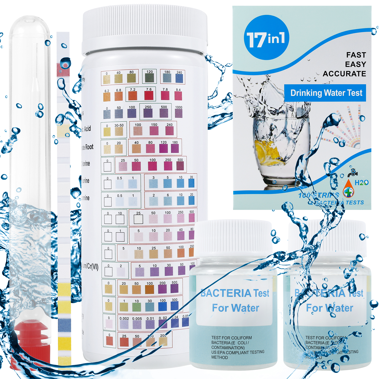 Tzdxfgl 17 in 1 Premium Water Testing Kits for Drinking Water, 100 Strips + 2 Bacteria Test Home Water Quality, Test Well and Tap Water, Easy Testing for Bacteria, Hardness, Fluoride, pH, Copper