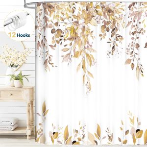 Dznils Brown Eucalyptus Fabric Shower Curtain, Watercolor Floral Pattern with Hooks, 72" x 72"
