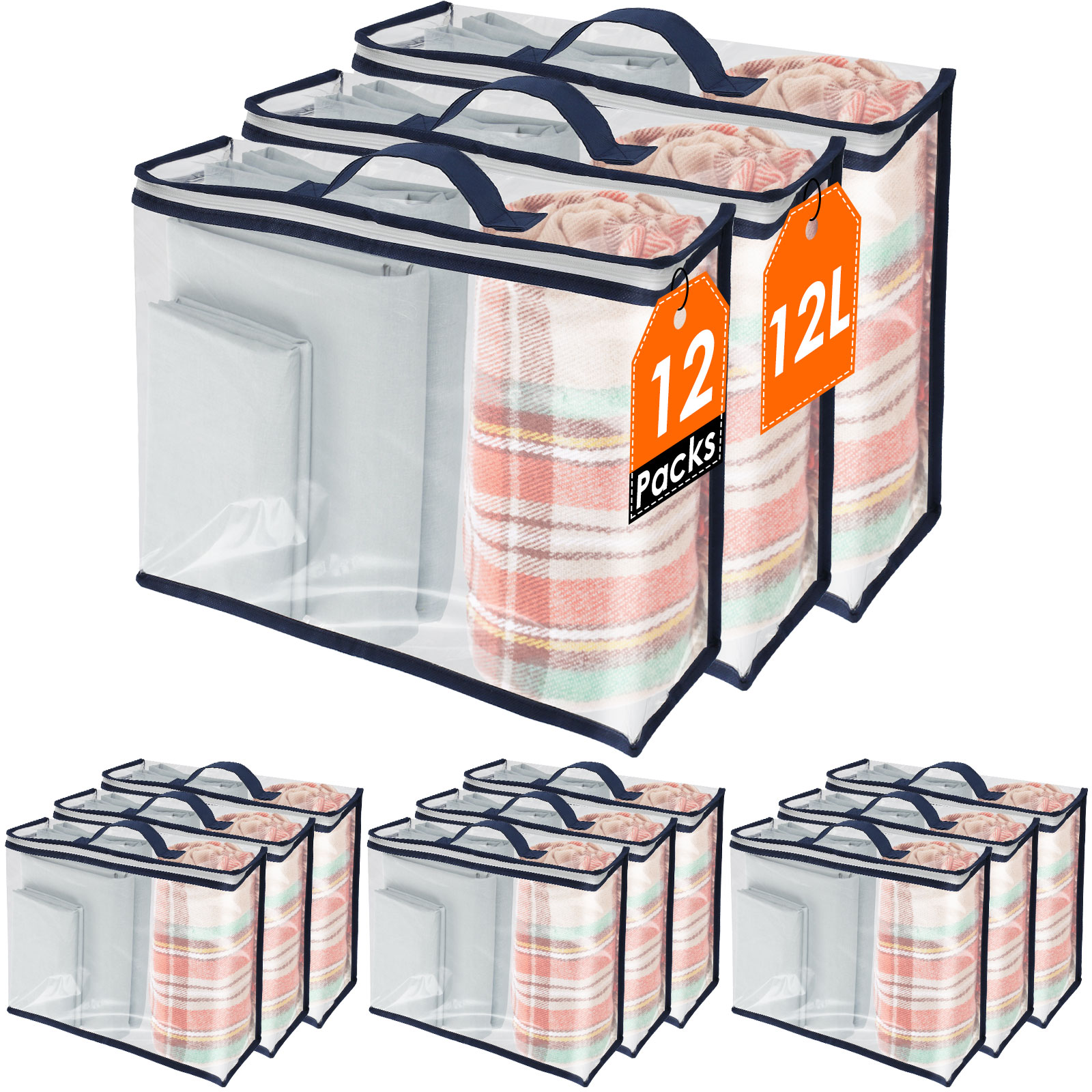 FUYGRCJ 12 Pack Zippered Closet Square Storage Bags, Plastic Blanket Storage Bags, Waterproof Clear Clothes Storage Bag, Closet Organizers and Storage Containers