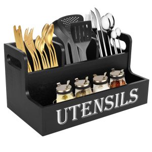 FUYGRCJ Extra Large Kitchen Utensils Holder with 4 Compartments, 2 Layers Wooden Utensil Organizer, Farmhouse Cooking Spatula Storage Caddy for Kitchen Countertop, Flatware Spoon Tool Organizer