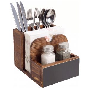 FUYGRCJ Napkin Salt and Pepper Holder, Vintage Wooden Napkin Dispenser Stand with Salt, Pepper Shakers and Utensil Caddy, Rustic Napkin Holders for Kitchen Dining Room Table Decoration