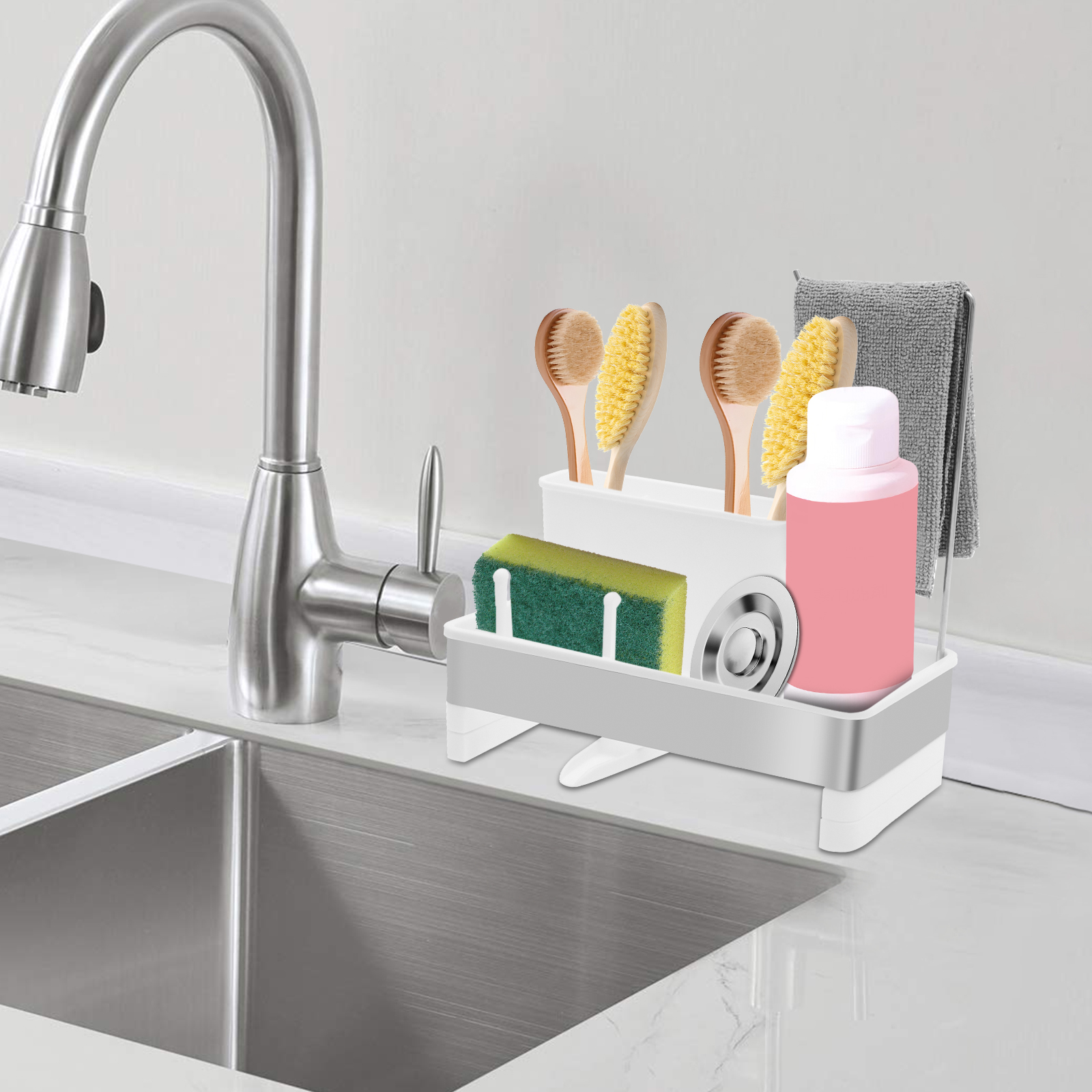 Txkrhwa Sponge Holder for Kitchen Sink, Stainless Steel Sink Caddy with Auto Drain Tray, Silver Kitchen Sink Organizer, Dish Rag Holder with Dishcloth Holders & Towel Rack