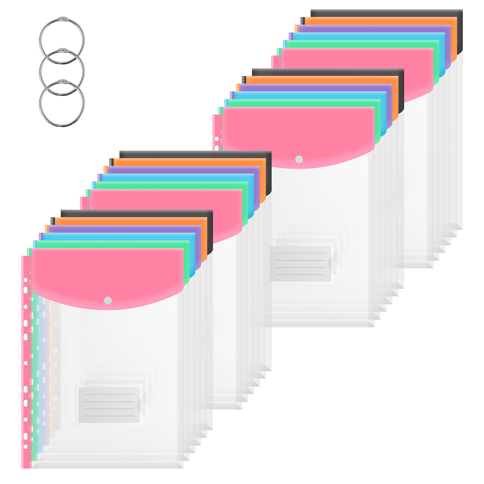 FUYGRCJ 24 Pack Plastic Binder Pockets, 11 Holes Expandable Binder Folders, Envelopes Binder Folders with Snap Button and Label, Expandable Plastic Envelopes Binder Organizer Folders