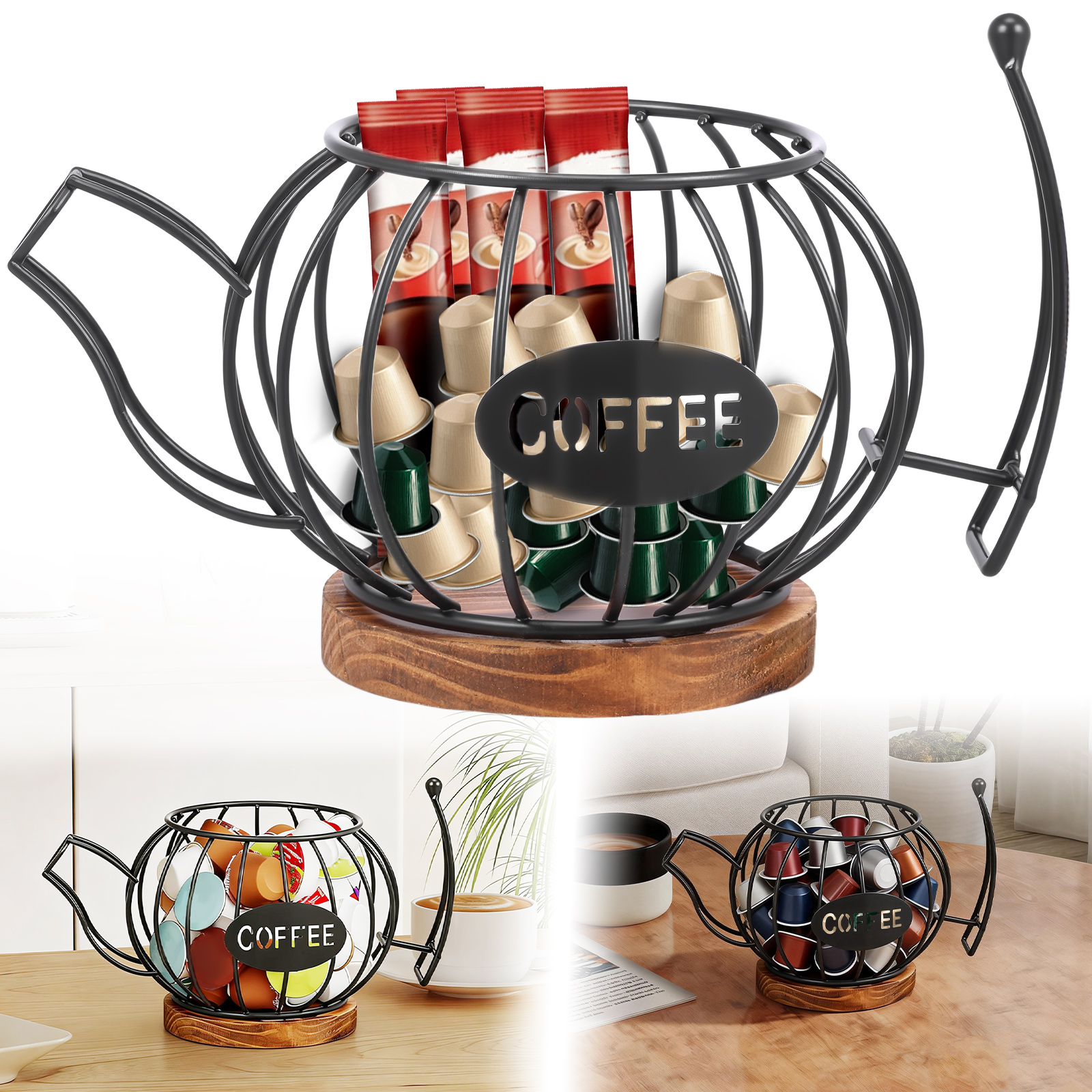 Txkrhwa Coffee Pod Holder Organizer, K Cup Holder Organizer with Wooden Base, Teapot Coffee Capsule Holder, Large Capacity Wire Coffee Storage Basket, Cafe Bar Organizer Accessories