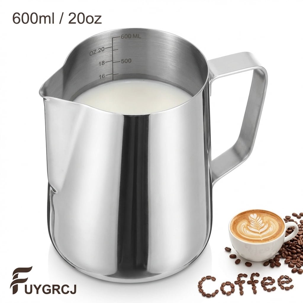 20oz Milk Frothing Pitcher, Stainless Steel Espresso Steaming Pitcher with Measurement Scale, Barista Milk Frother Cup for Espresso, Cappuccino & Steaming Milk