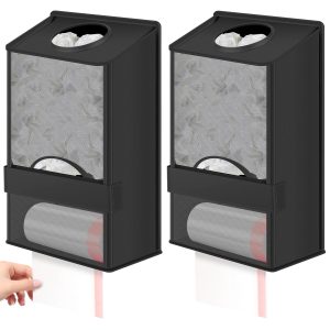 FUYGRCJ 2-in-1 Plastic Bag Holder and Trash Roll Dispenser, 2 Pack Hanging Trash Bag Organizer, Wall Mounted Grocery Bag Saver