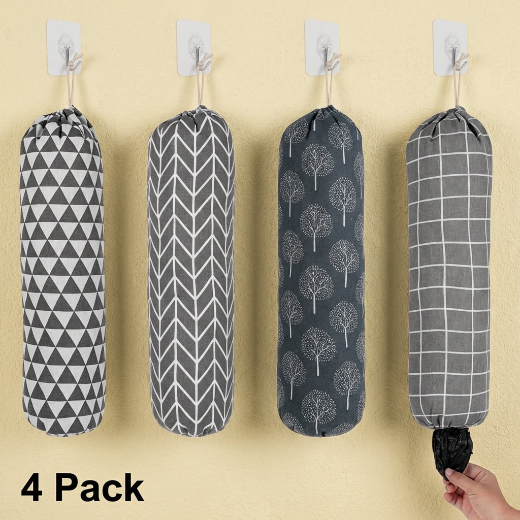 FUYGRCJ 4PCS Plastic Bag Holder, Reusable Hanging Grocery Bag Organizer with Elastic Bottom Closure, Wall Mount Washable Large Grocery Bag Storage Dispenser, Shopping Bags Carrier for Home Kitchen