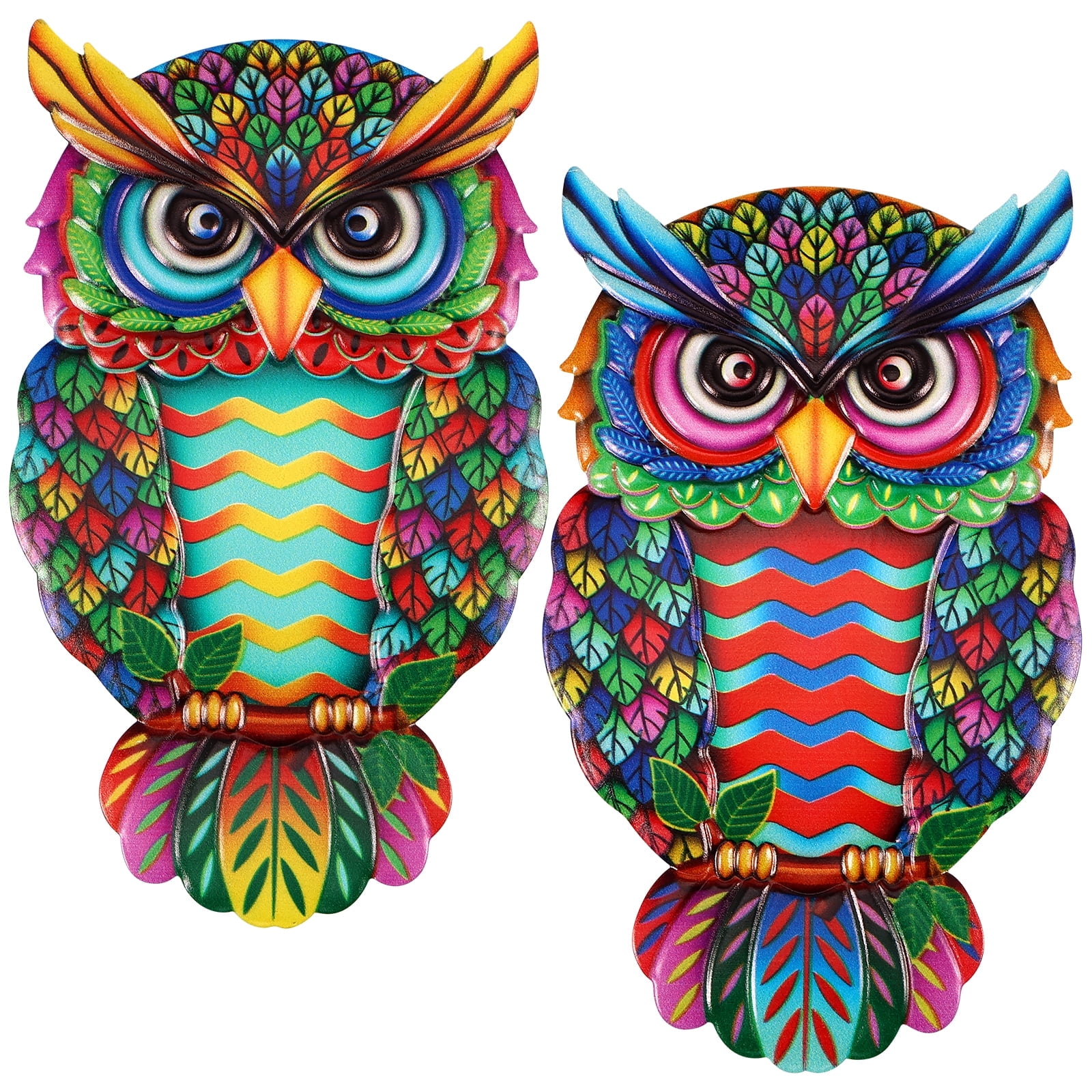 Dznils 2 Pcs Metal Owl Wall Decor 10 Inches Metal Outdoor Wall Art Colorful Hanging Wall Sculptures