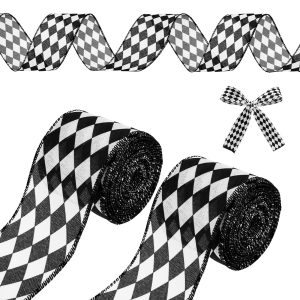 Wekvgz 2Rolls Black White Diamond Checkered Ribbon 2.6 Inch Wide Decorative Diamond Plaid Wired Ribbon 10 Yards Each for Wrapping Christmas Decoration