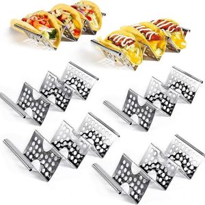 Ihvewuo 4Pcs Taco Holder Stainless Steel Taco Holder Stand Taco Rack Holds Up to 3 Tacos Grill Oven and Dishwasher Safe Stackable Taco Serving Tray 20.6x10x6cm
