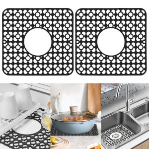 Ihvewuo 2Pcs Sink Protector Mat Anti Slip Silicone Kitchen Mat with Drain Holes Heat Resistance Sink Bottom Pad Easy to Clean for Kitchen