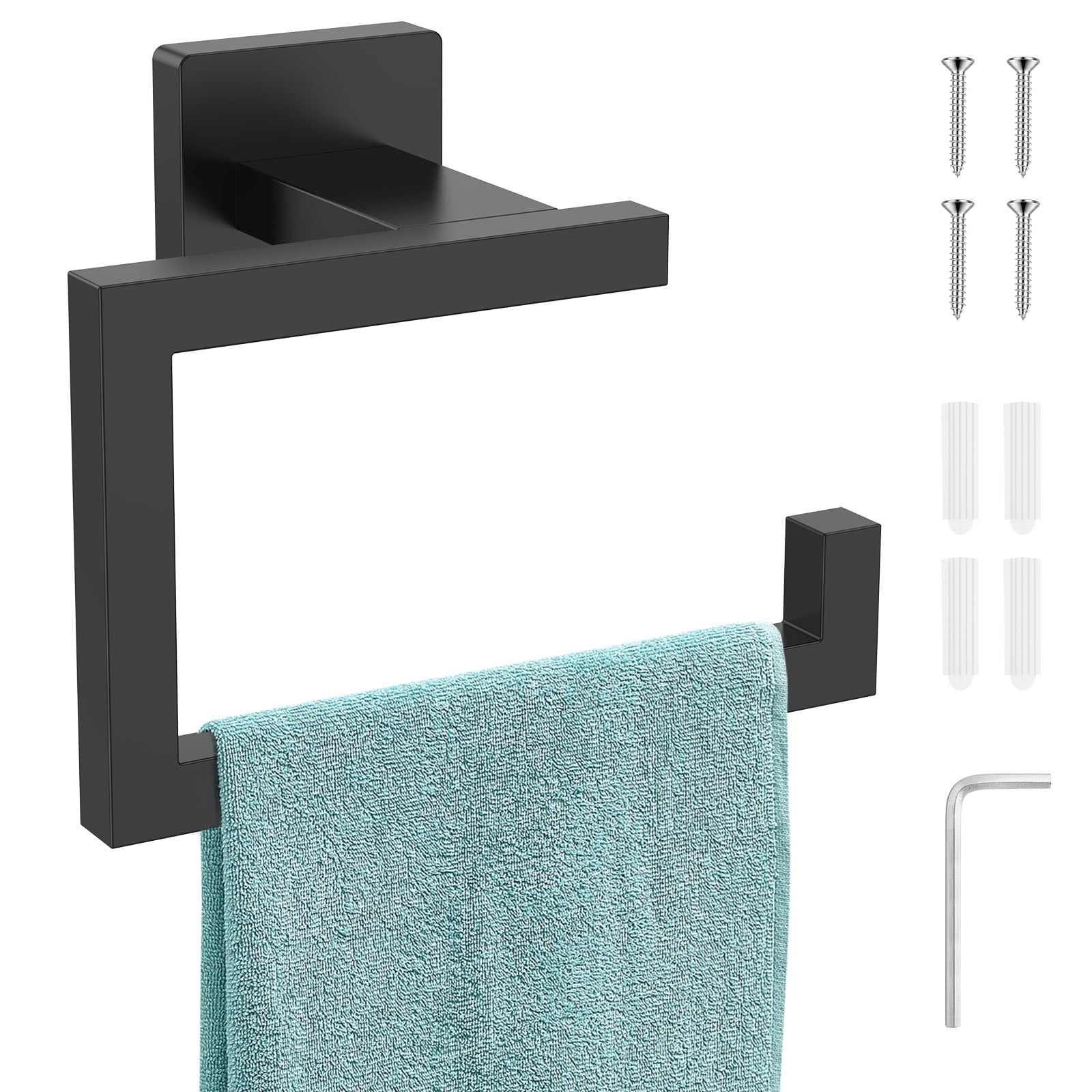 FUYGRCJ Matte Black Square Towel Ring, Multifunctional Toilet Paper and Hand Towel Holder for Bathroom Wall Mount, Stainless Steel Heavy Duty Towel Hanger for Shower, Kitchen, Toilet