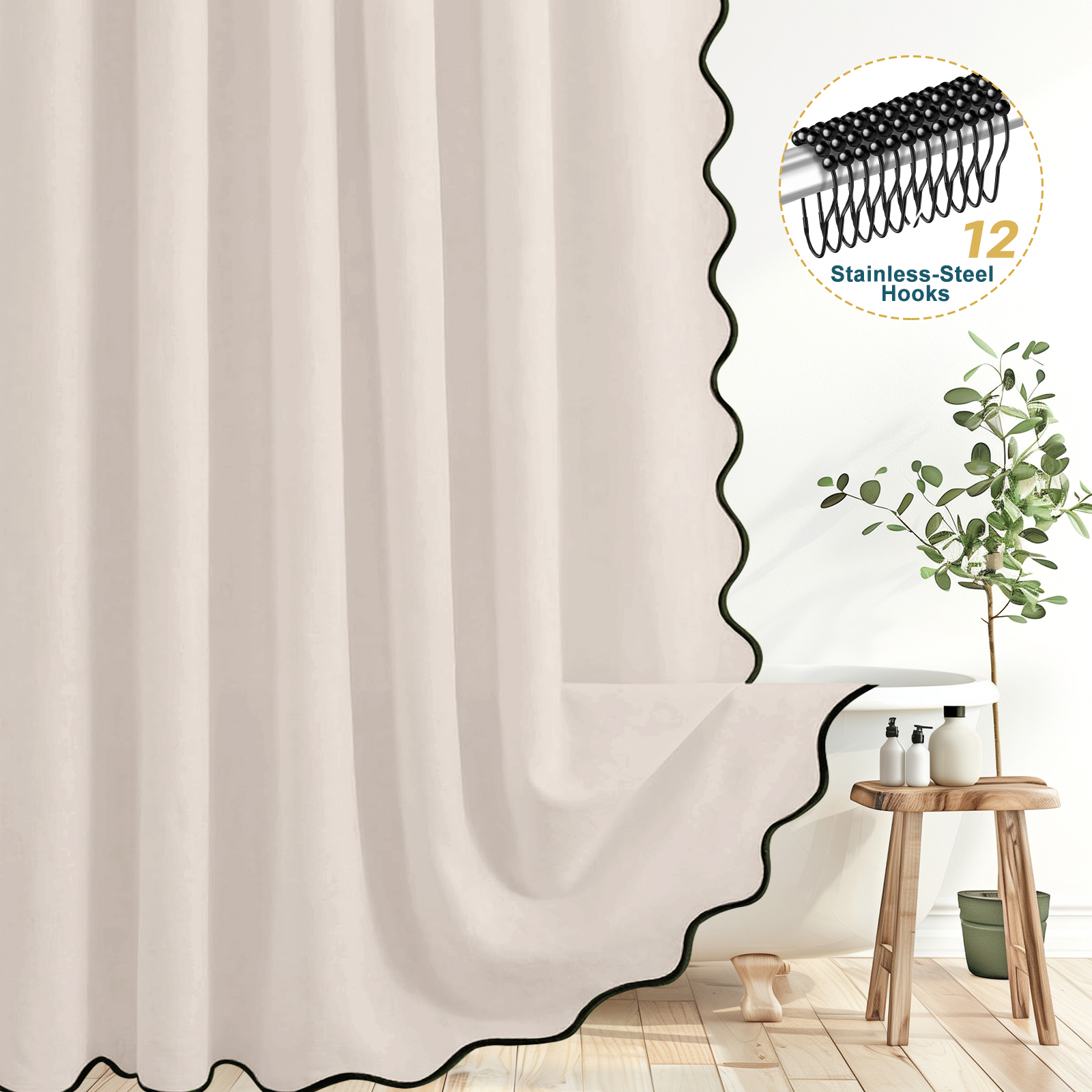 Dznils Black Scalloped Boho Shower Curtain with Hooks, Water-Repellent Thick Linen Fabric Bathroom Curtain, Beige, 72" x 72"