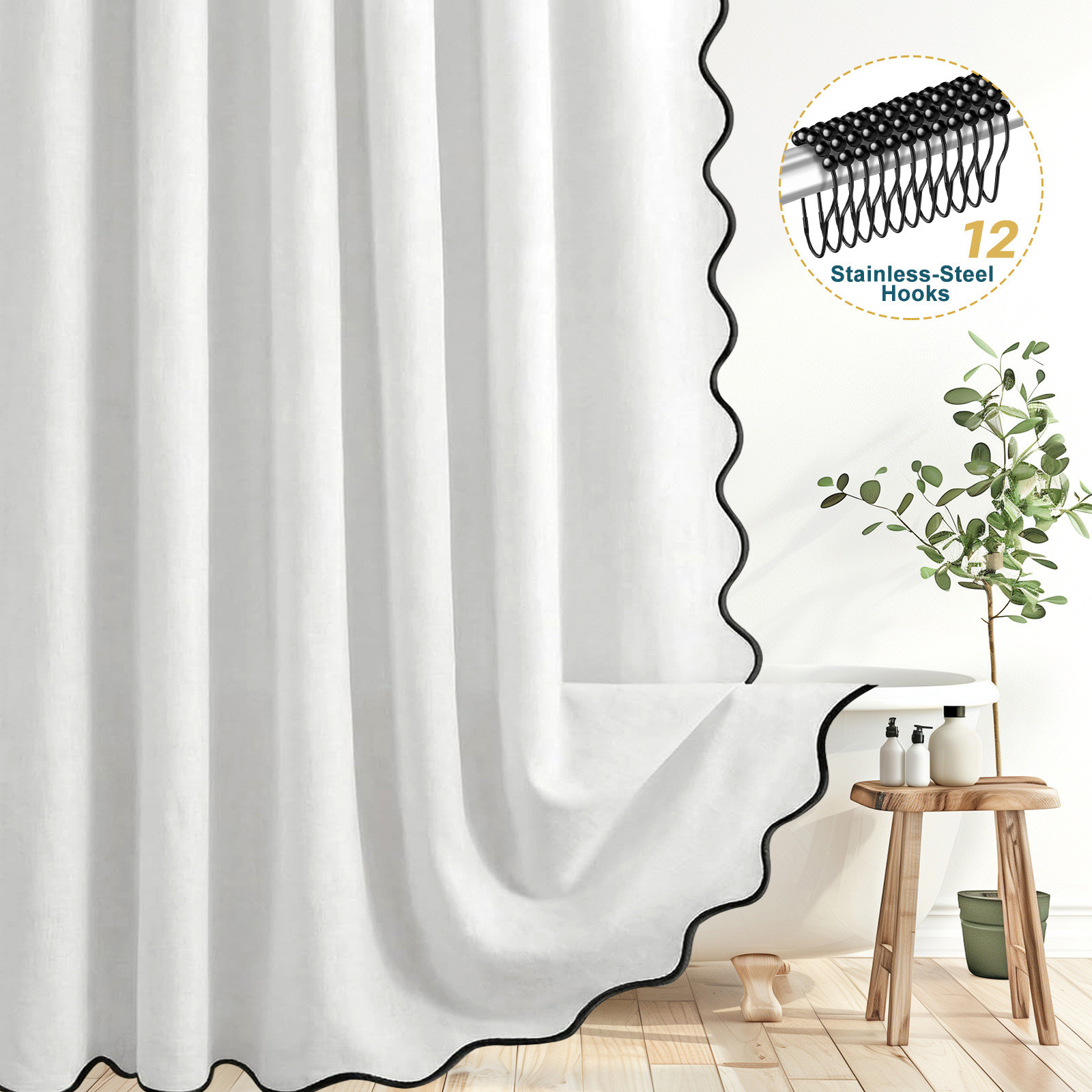 Dznils Black Scalloped Boho Shower Curtain with Hooks, Water-Repellent Thick Linen Fabric Bathroom Curtain, Beige, 72" x 72" - Image 2