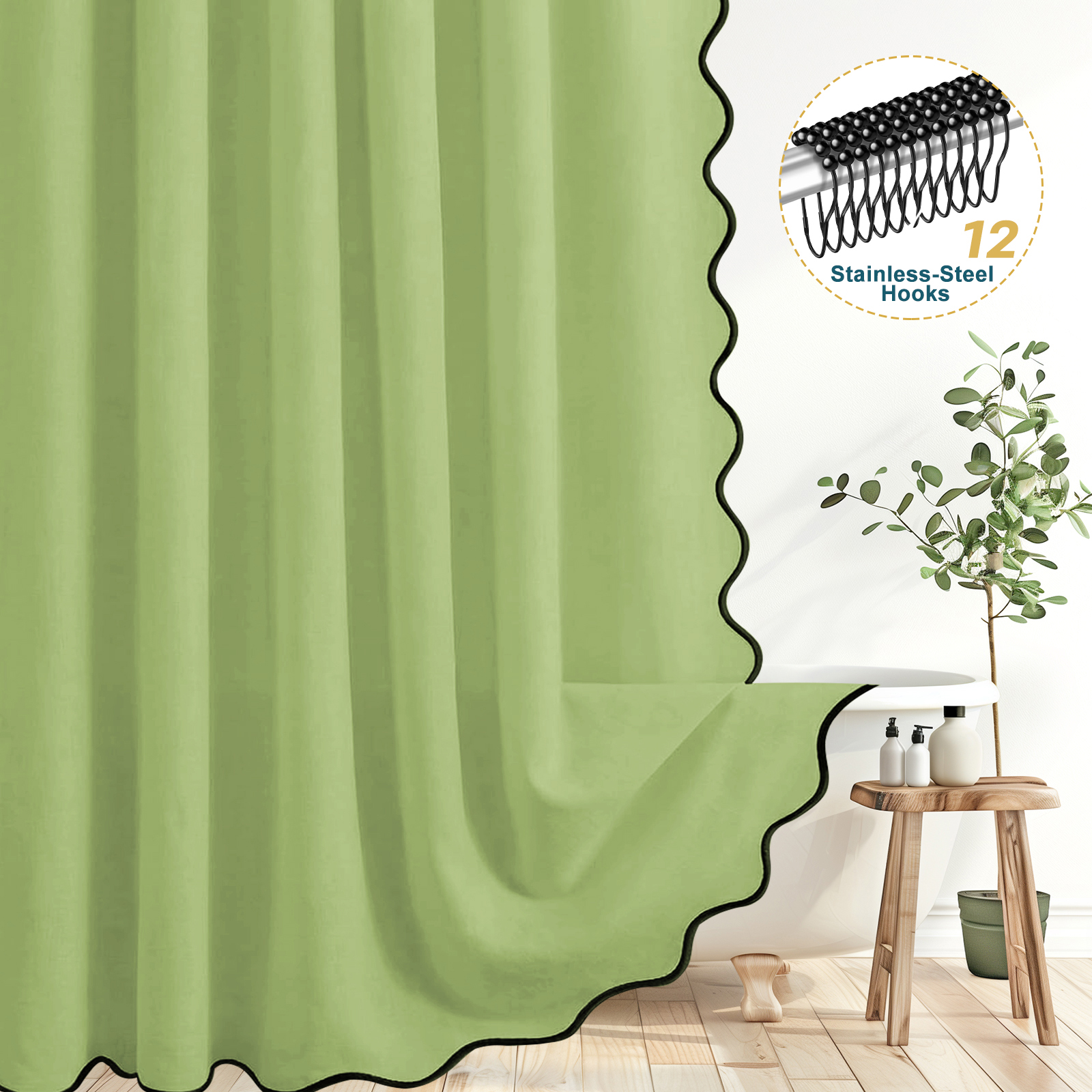 Dznils Black Scalloped Boho Shower Curtain with Hooks, Water-Repellent Thick Linen Fabric Bathroom Curtain, Beige, 72" x 72" - Image 3