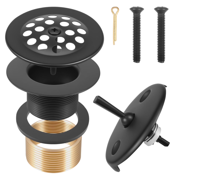 Qenwkxz Matte Black Bathtub Drain Kit, Tub Drain Stopper Bathtub Drain Universal for 1-1/2" and 1-3/8" Bathtub Drain, Trip Lever Bathtub Drain with Strainer, Overflow and Matching Screws