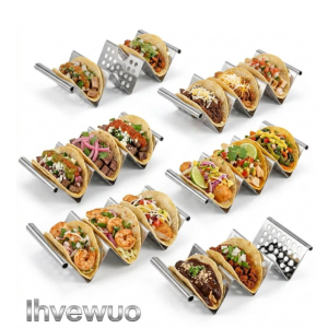 Taco Rack Set of 4, Perforated Stainless Steel with Easy-Access Handles, Oven, Grill & Air Fryer Safe, Holds 2-3 Tacos Each