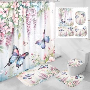 Dznils White Floral Shower Curtain Sets with Rugs, 16pc Butterfly Bathroom Curtain Set, 72" x 72"