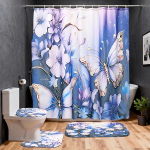 Dznils Purple Floral Shower Curtain Sets with Rugs, 16pc Butterfly Bathroom Curtain Set, 72" x 72"