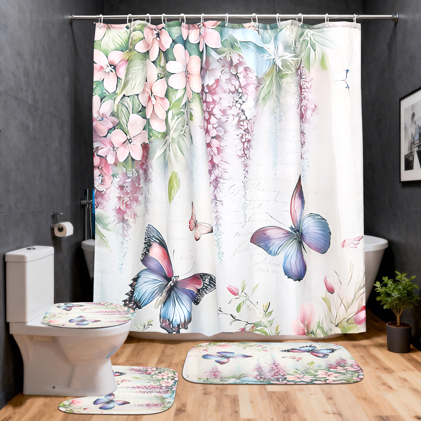 Dznils White Floral Shower Curtain Sets with Rugs, 16pc Butterfly Bathroom Curtain Set, 72" x 72"
