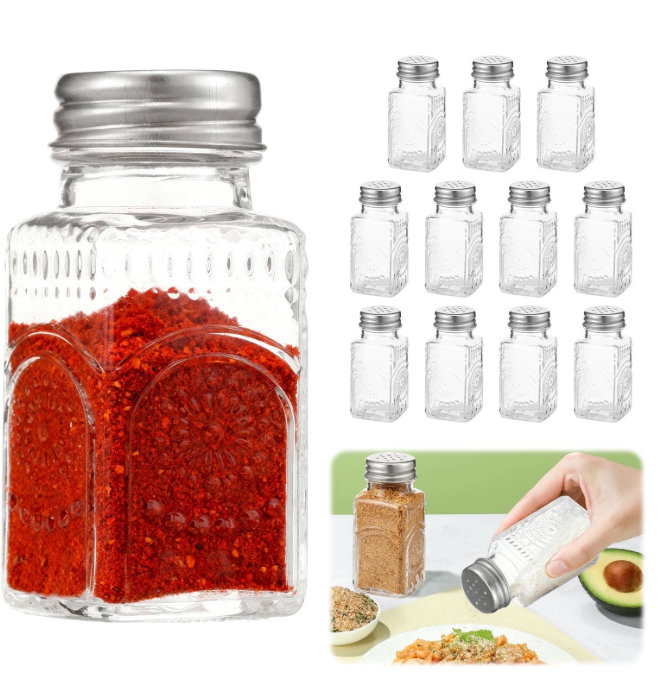 Qenwkxz 12Pcs Glass Salt and Pepper Shakers Set 2.71oz Vintage Restaurant Spice Container with Stainless Steel Lid for Dining Room Table Kitchen