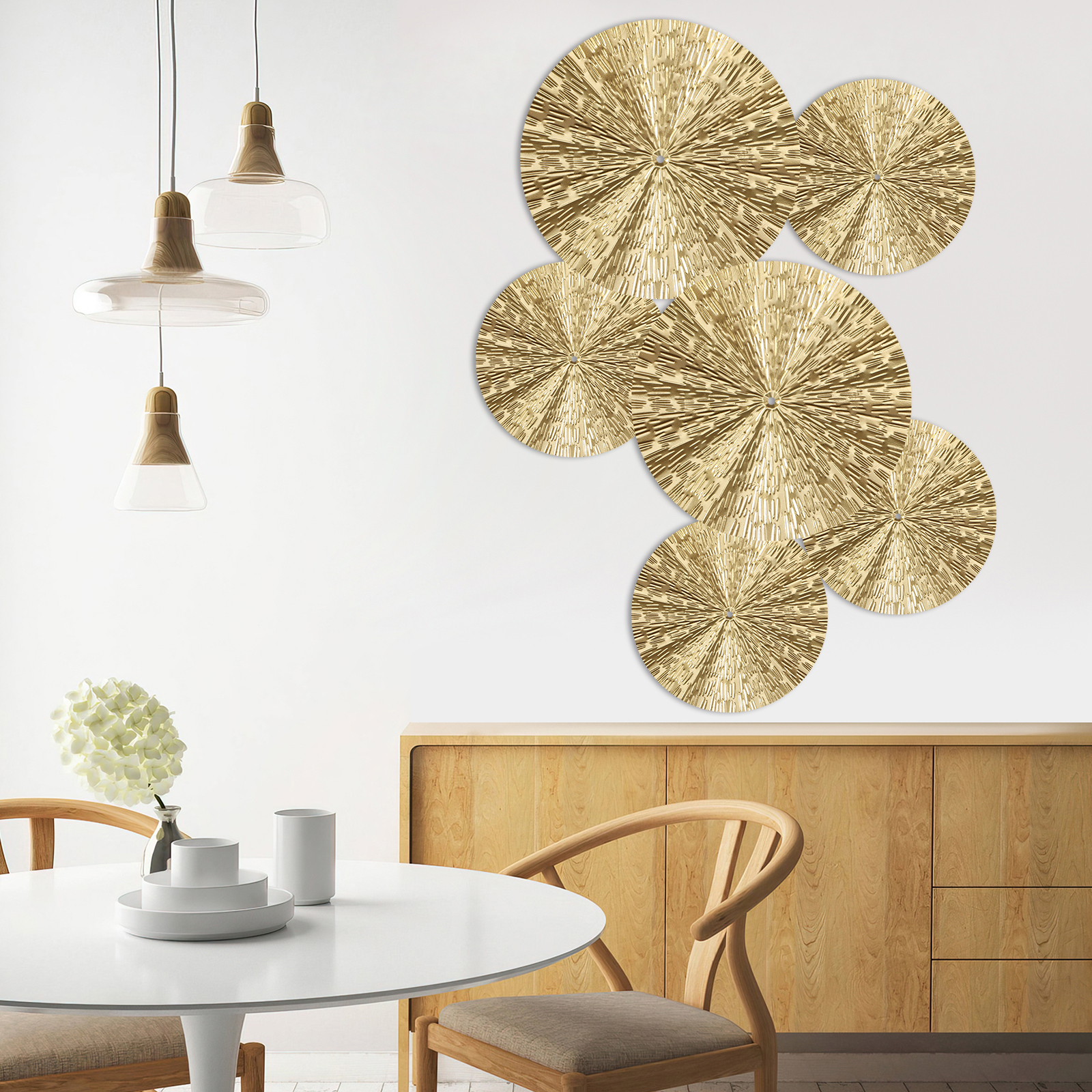 Dznils 6Pcs Gold Metal Plate Wall Decor Morden Round Hanging Metal Wall Art Indoor Wall Sculptures