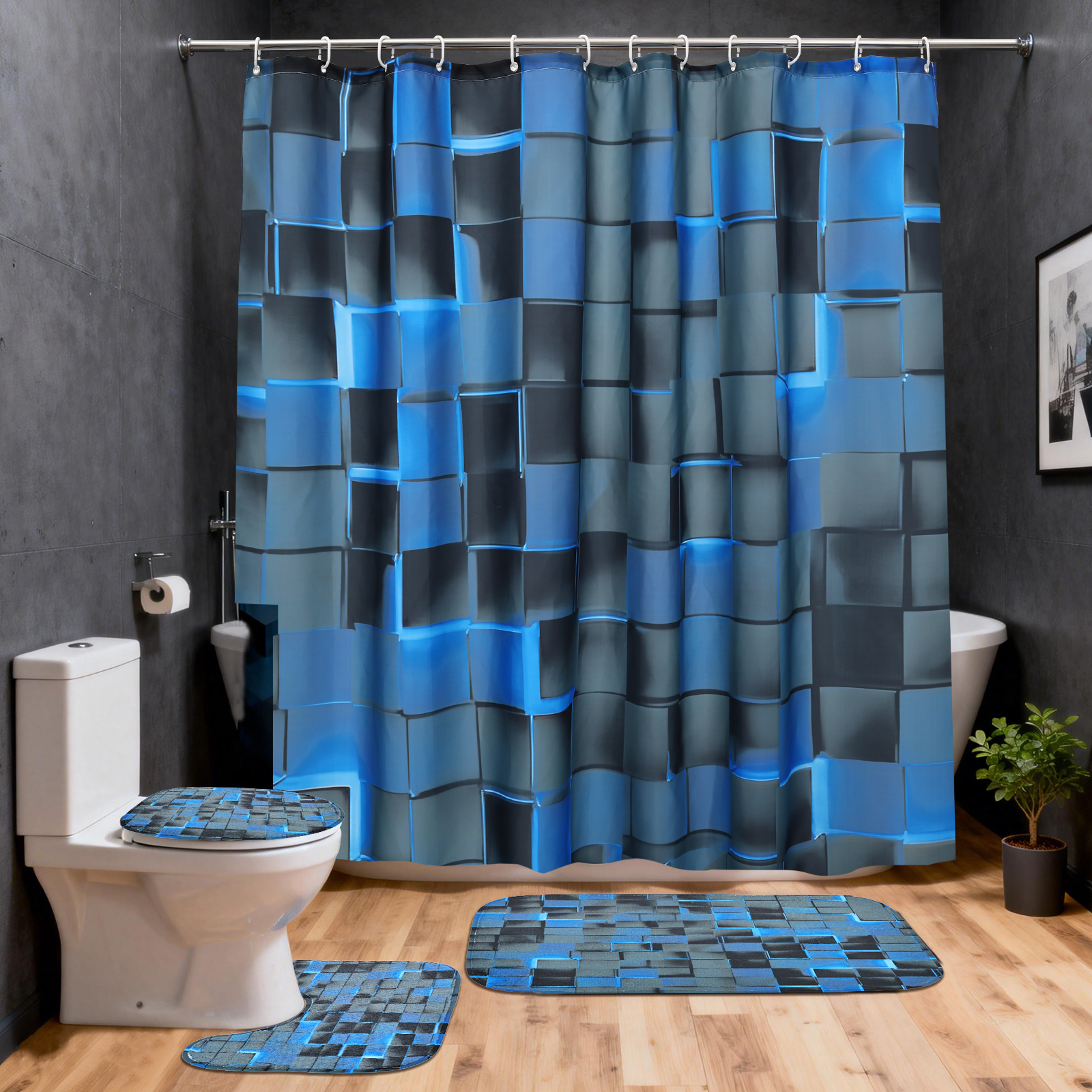 Dznils 3D Blue Cubes Shower Curtains and Bath Rug Set, Modern Fabric Bathroom Curtain Sets, 72" x 72"