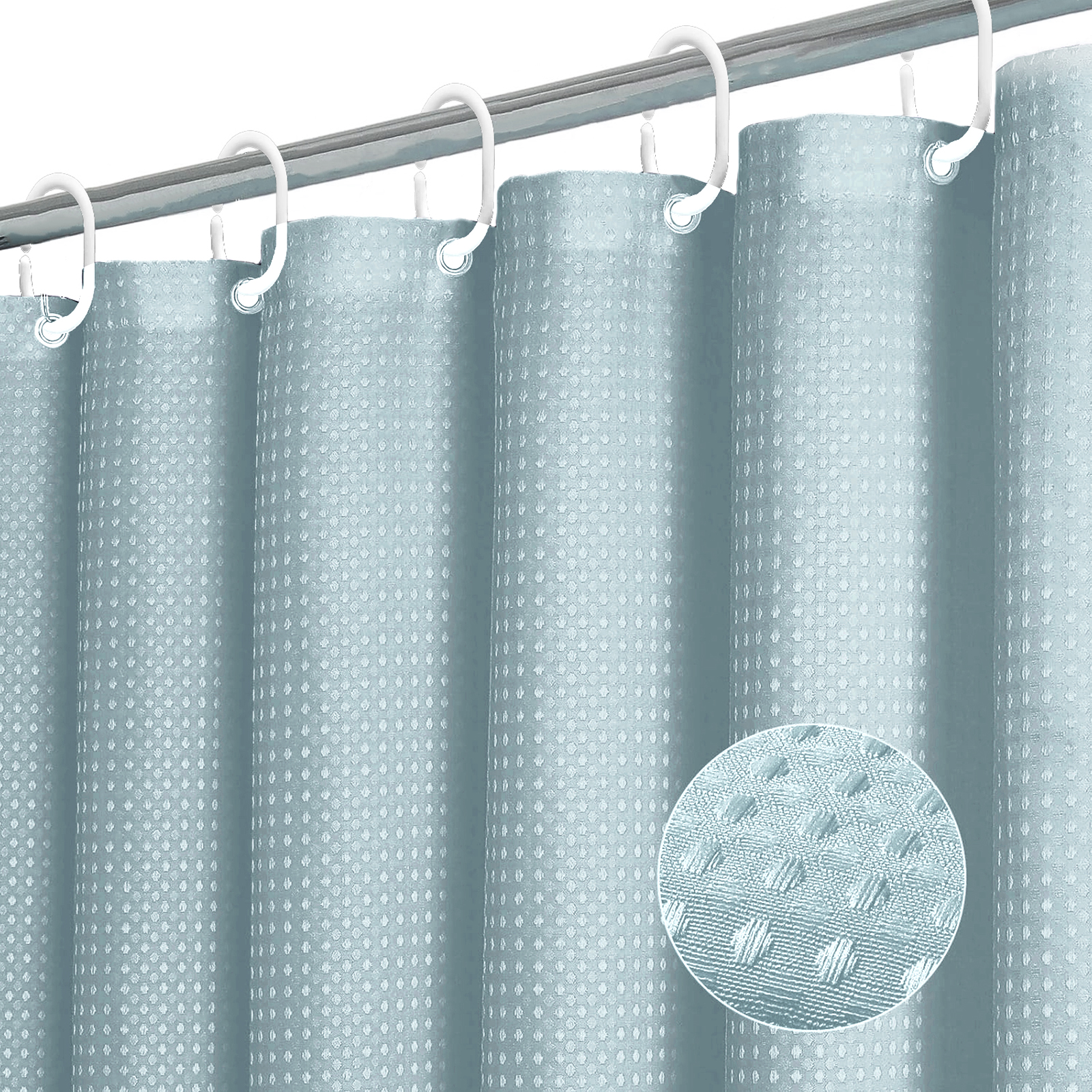 Dznils Waffle Shower Curtain with Hooks, Thick Weighted Fabric Bathroom Curtain, Fog Blue, 72" x 72"