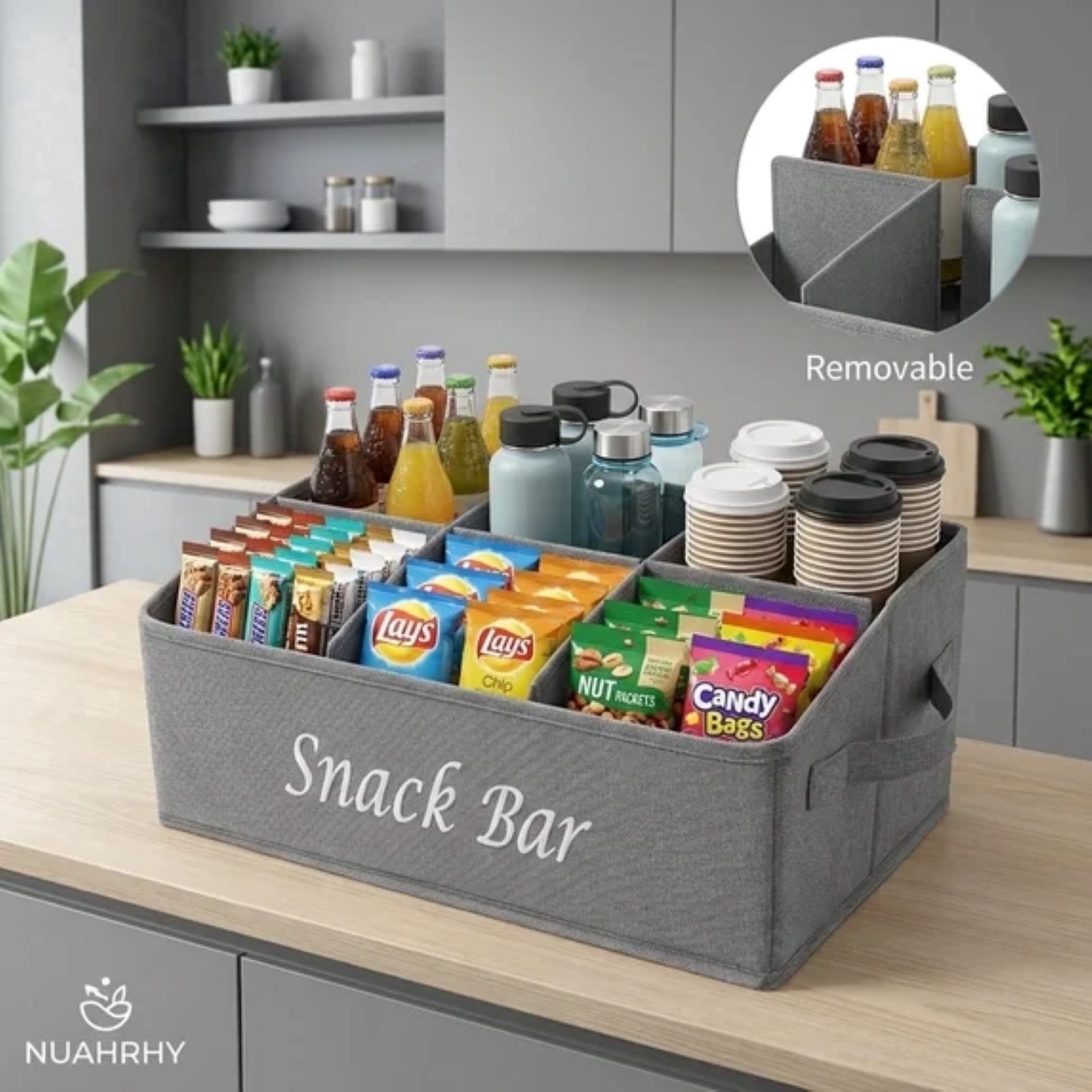 NUAHRHY Snack Organizer for Countertops Fabric Snack Basket Organizer with Handles 6 Compartments Candy Storage Bins for Cookies Drinks (Gray)