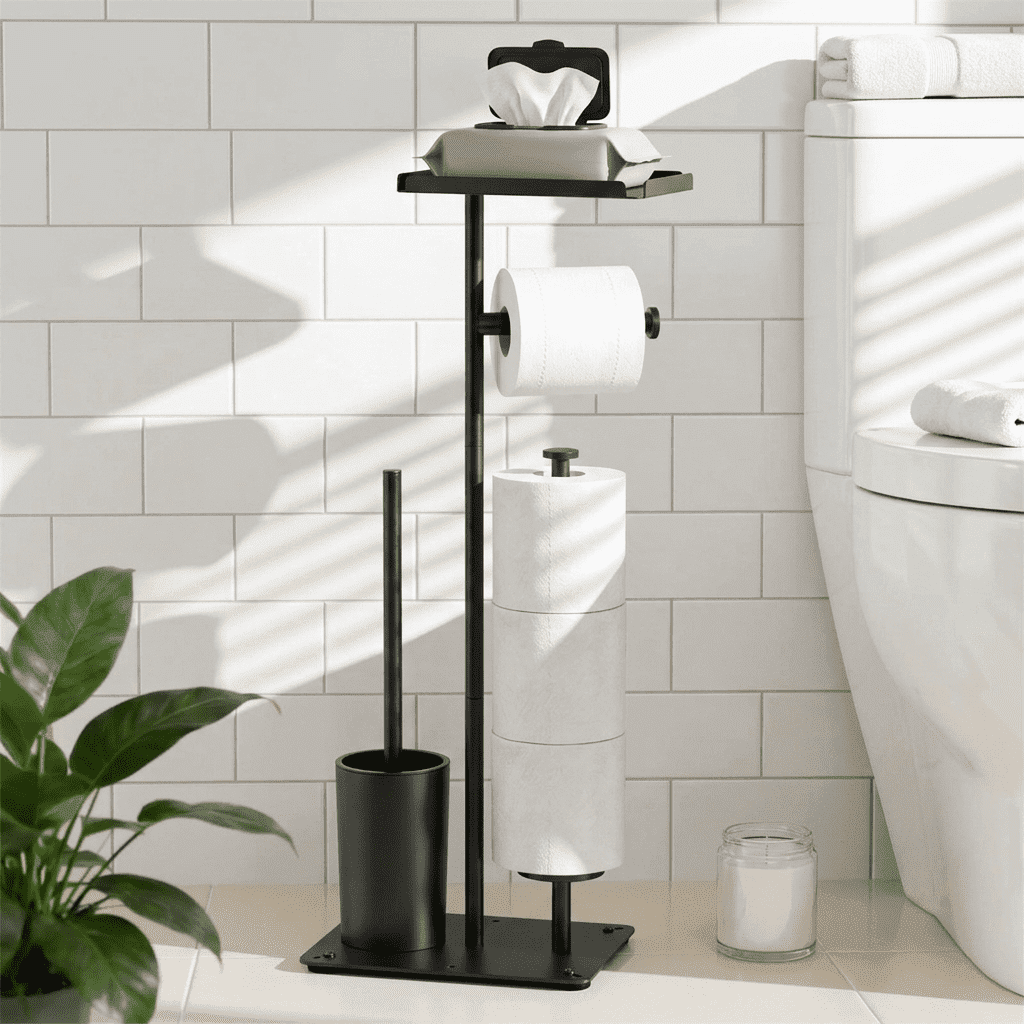 Dznils Free Standing Stainless Steel Toilet Paper Holder with Roll Reserve, Toilet Brush and Top Storage Shelf, Black
