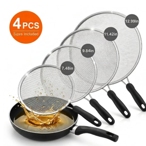 Splatter Screen for Frying Pan, 4-Piece Stainless Steel Grease Splatter Guard Set with Fine Mesh, 13", 11.4", 9.8" , 7.4" for Skillets, Pots and Woks