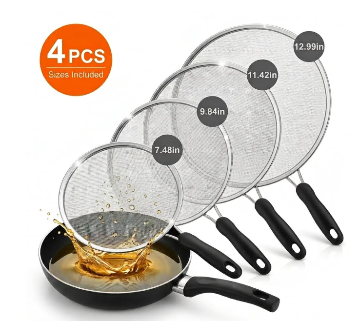 Splatter Screen for Frying Pan, 4-Piece Stainless Steel Grease Splatter Guard Set with Fine Mesh, 13", 11.4", 9.8" , 7.4" for Skillets, Pots and Woks