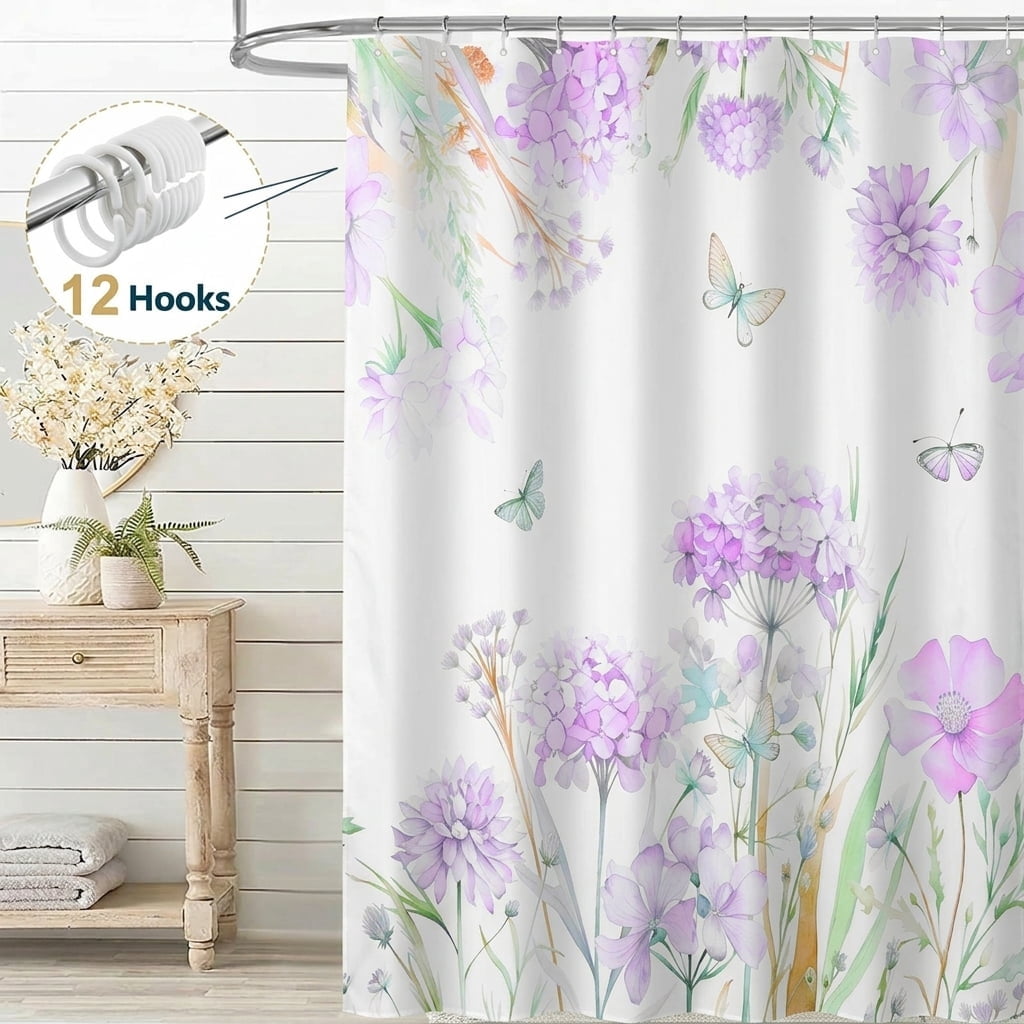 Dznils Floral Shower Curtain Decorative Flower Butterfly Watercolor Polyester Bathroom Curtain with 12 Hooks Bathtub Home Decor 71X71 Inch