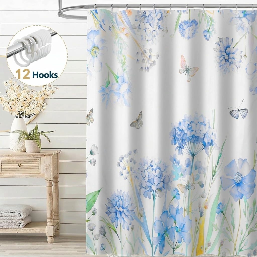 Dznils Floral Shower Curtain Decorative Flower Butterfly Watercolor Polyester Bathroom Curtain with 12 Hooks Bathtub Home Decor 71X71 Inch