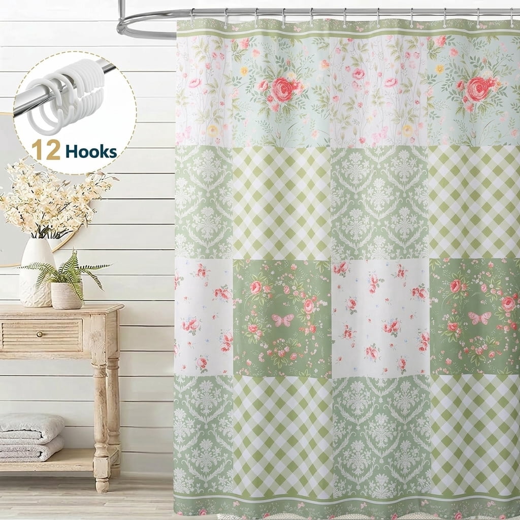 Dznils Floral Shower Curtain with Hooks, Farmhouse Patchwork Fabric Bathroom Curtain, Light Green, 72" x 72"