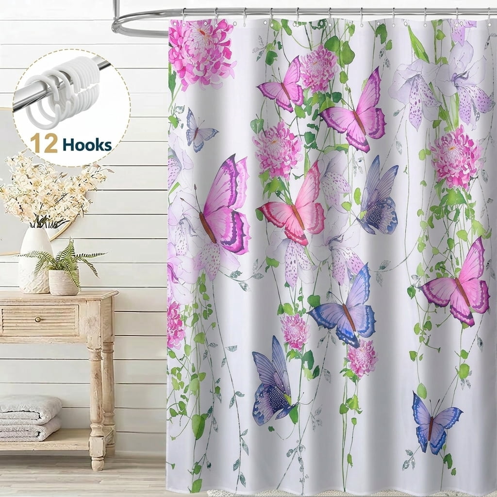 Dznils Floral Shower Curtain Decorative Flower Butterfly Watercolor Polyester Bathroom Curtain with 12 Hooks Bathtub Home Decor 71X71 Inch