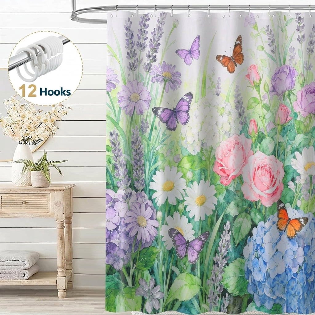 Dznils Floral Shower Curtain Decorative Flower Butterfly Watercolor Polyester Bathroom Curtain with 12 Hooks Bathtub Home Decor 71X71 Inch