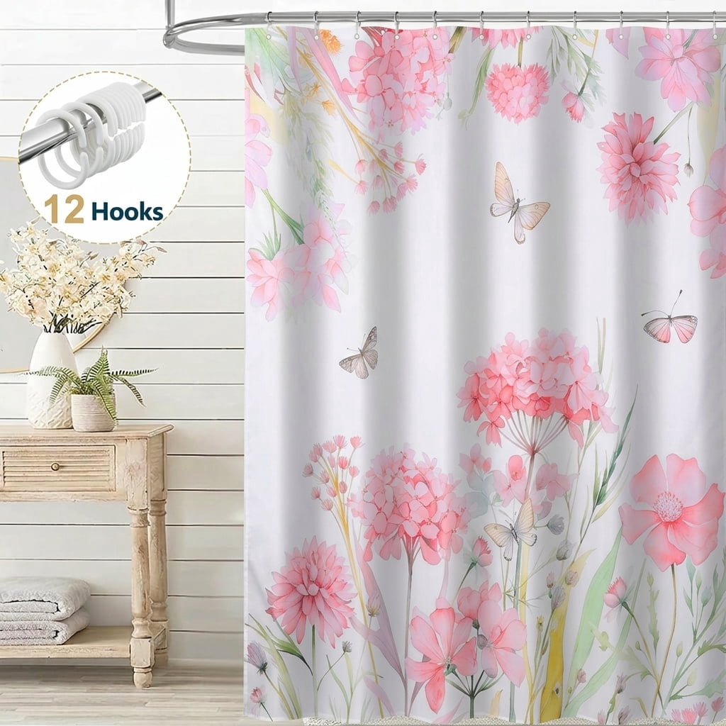 Dznils Floral Shower Curtain Decorative Flower Butterfly Watercolor Polyester Bathroom Curtain with 12 Hooks Bathtub Home Decor 71X71 Inch