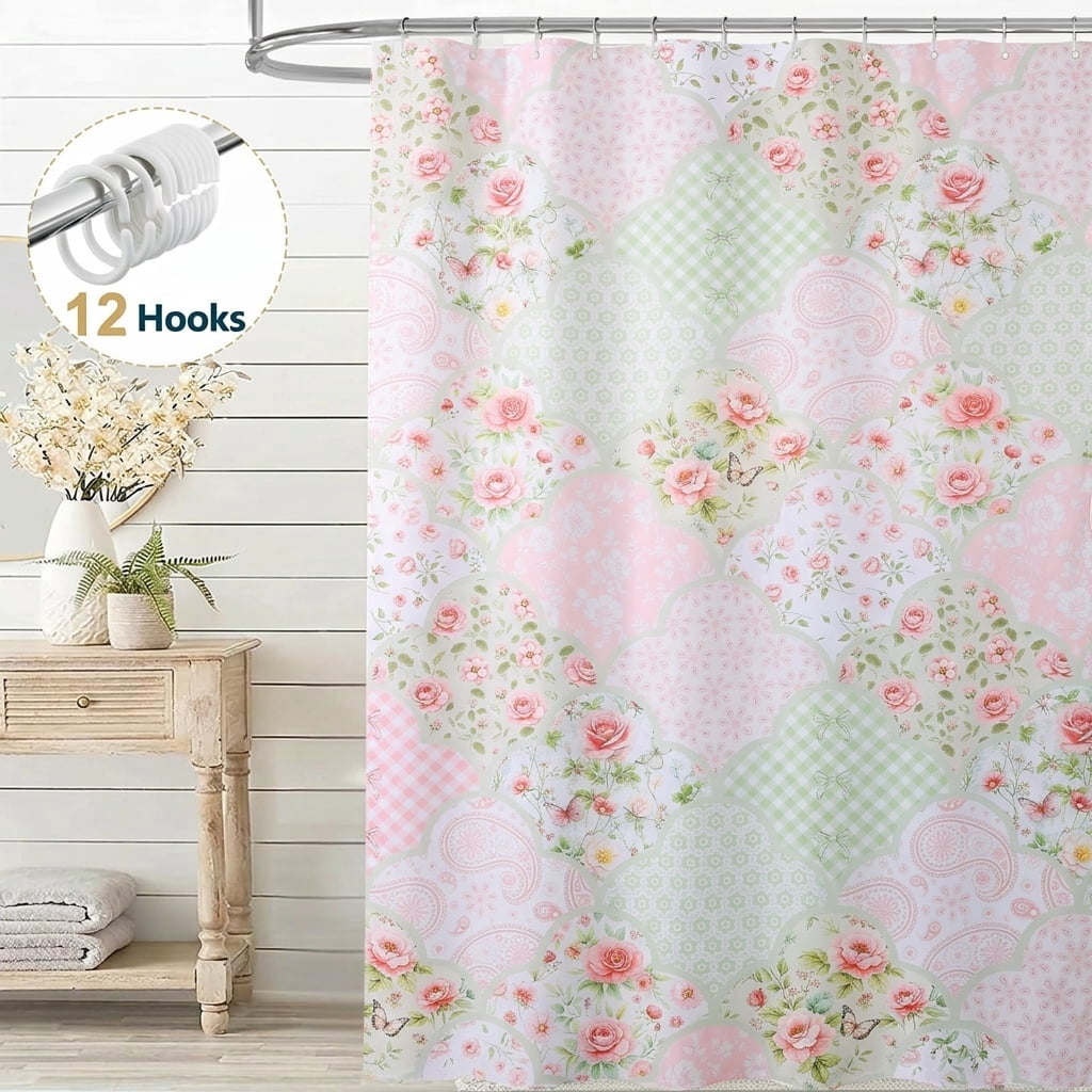 Dznils Floral Shower Curtain with Hooks, Farmhouse Patchwork Fabric Bathroom Curtain, Pink Cyan, 72" x 72"
