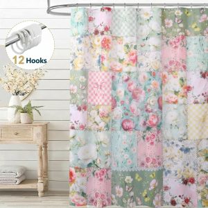 Dznils Floral Shower Curtain with Hooks, Farmhouse Patchwork Fabric Bathroom Curtain, Green Pink, 72" x 72"
